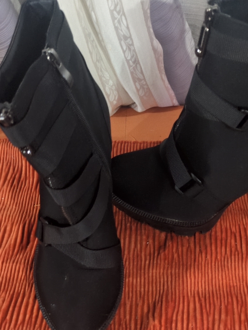 Women’s Black Strappy Heeled Ankle Boots with Side Zip